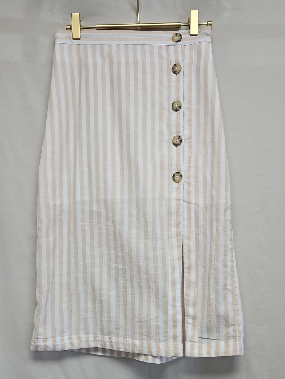 Abercrombie & Fitch Coastal Cream and White Striped Button-Front Midi Skirt